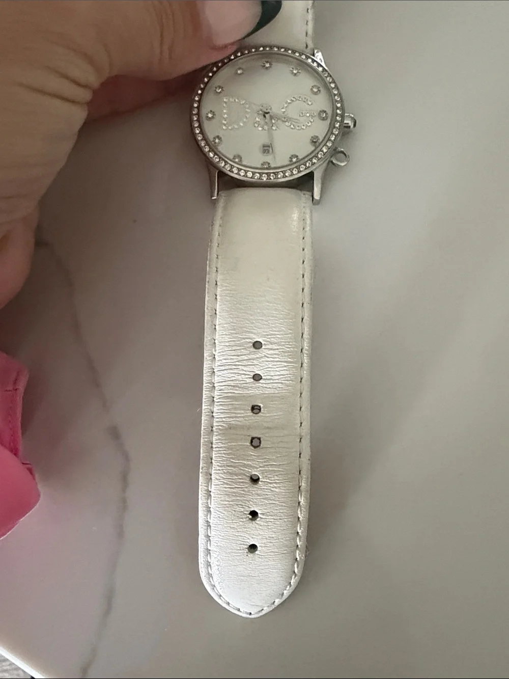 Dolce & Gabbana White Leather Strap Crystal Logo Watch